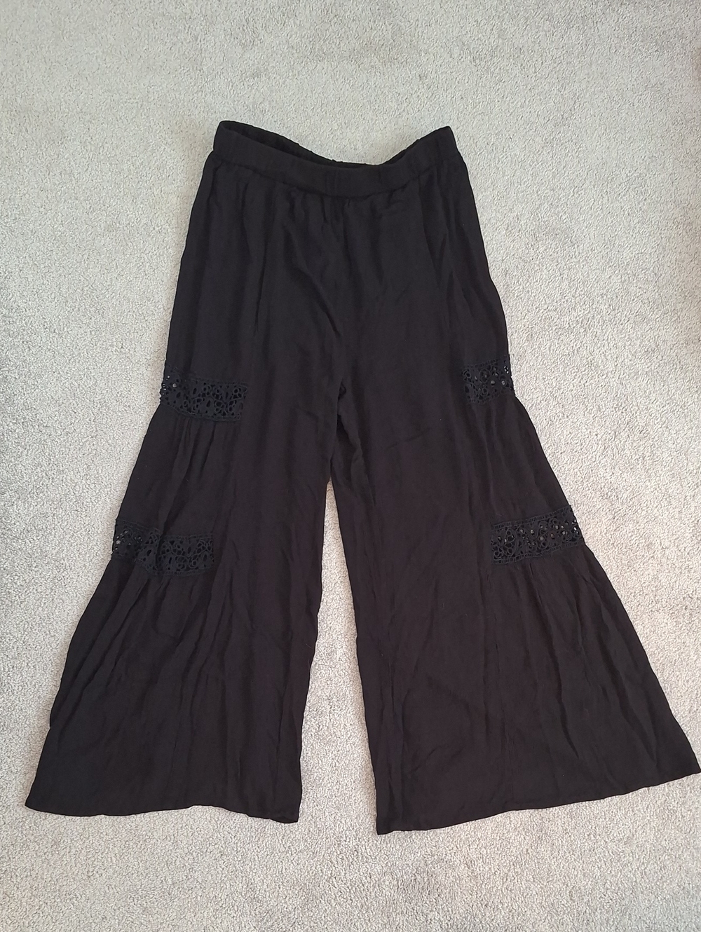 Wishing Waves Black Wide-Leg Crocheted Panel Pants